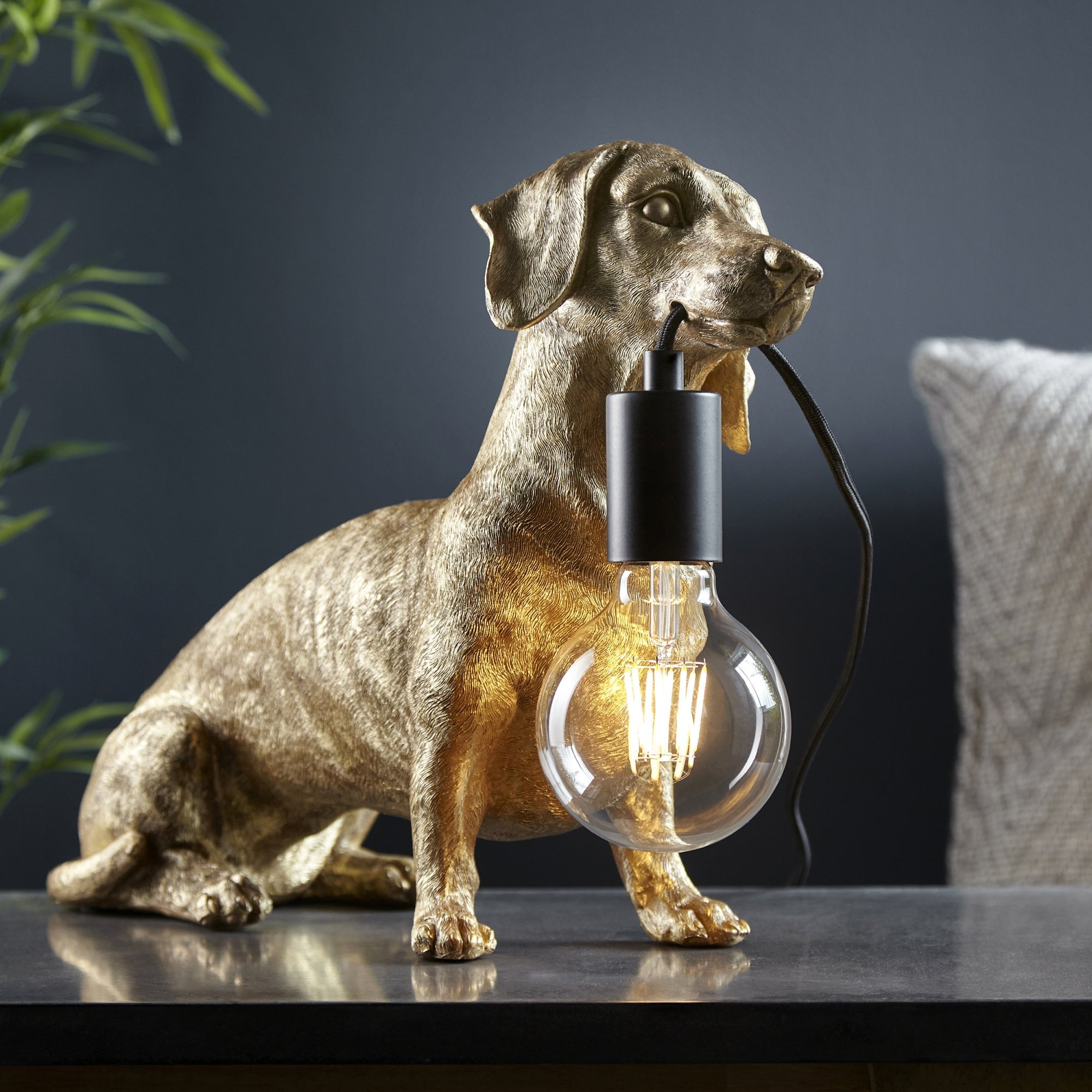 Dog Sculpture Table Lamp In Vintage Gold Finish With Matt Black Detail