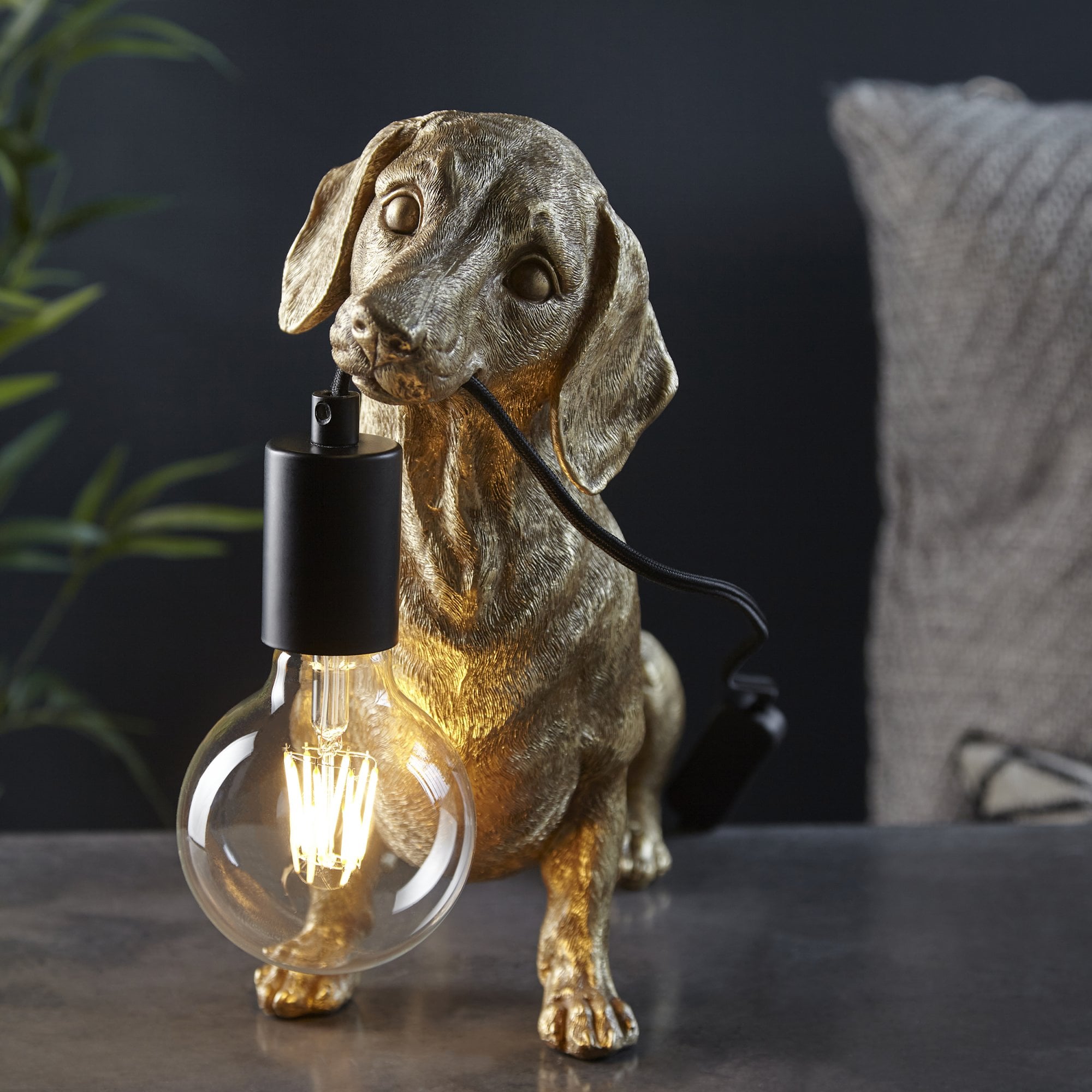 Dog Sculpture Table Lamp In Vintage Gold Finish With Matt Black Detail