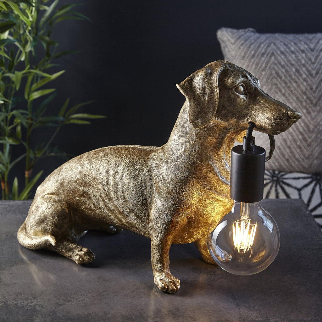 Dog Sculpture Table Lamp In Vintage Gold Finish With Matt Black Detail