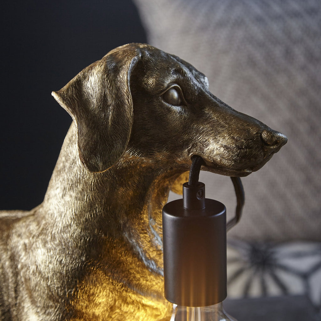 Dog Sculpture Table Lamp In Vintage Gold Finish With Matt Black Detail