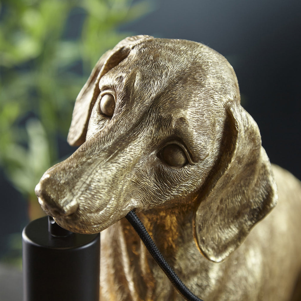 Dog Sculpture Table Lamp In Vintage Gold Finish With Matt Black Detail
