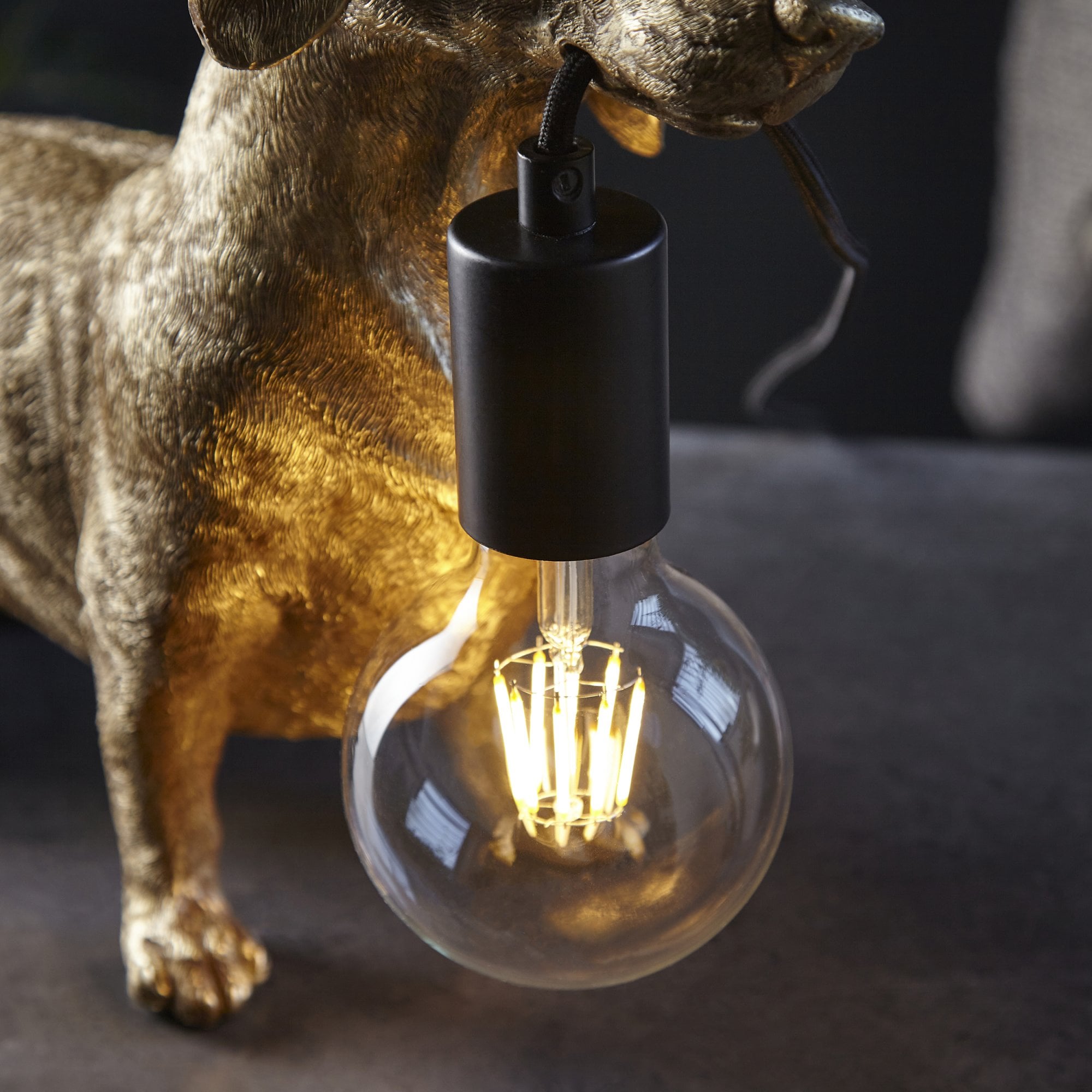 Dog Sculpture Table Lamp In Vintage Gold Finish With Matt Black Detail