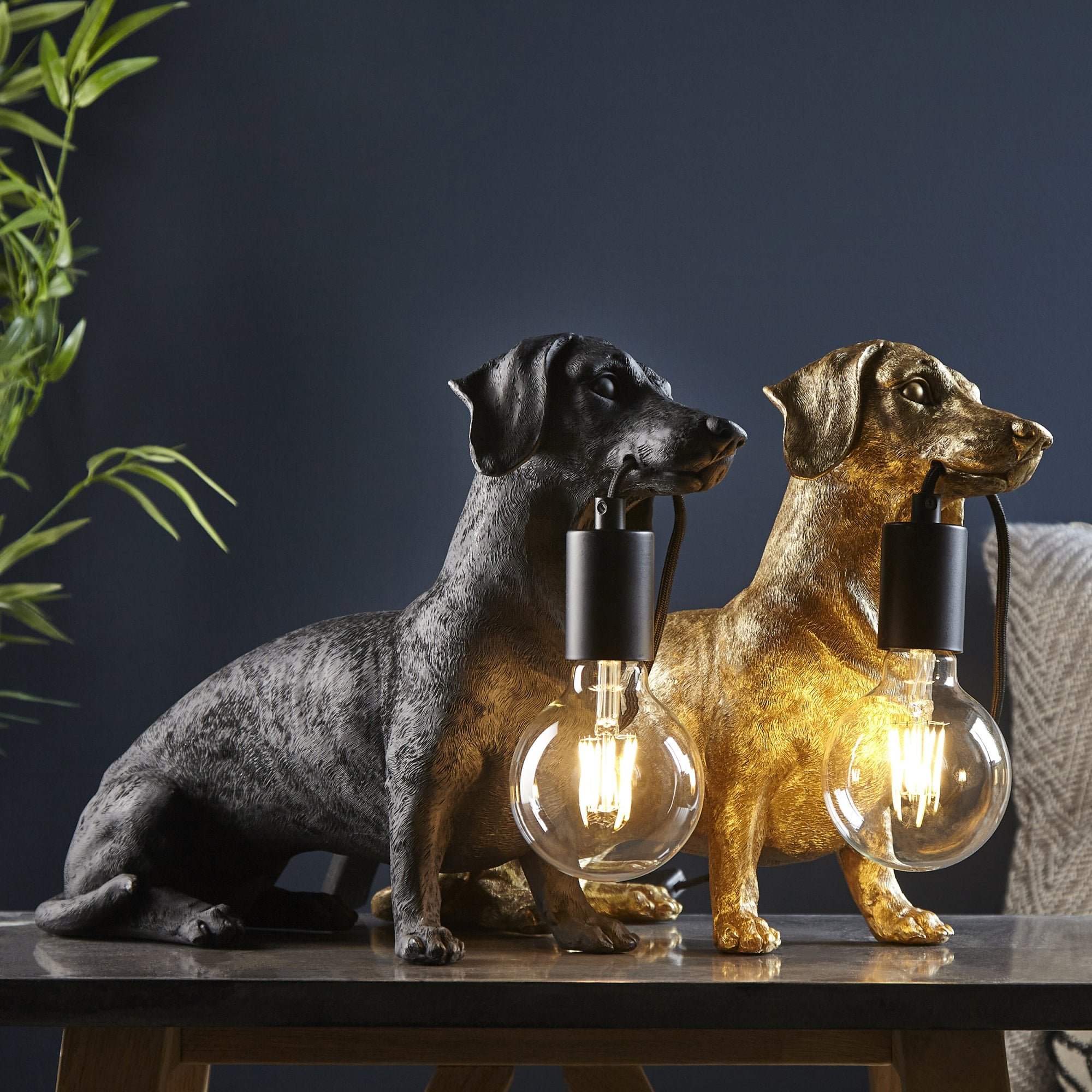 Dog Sculpture Table Lamp In Vintage Gold Finish With Matt Black Detail