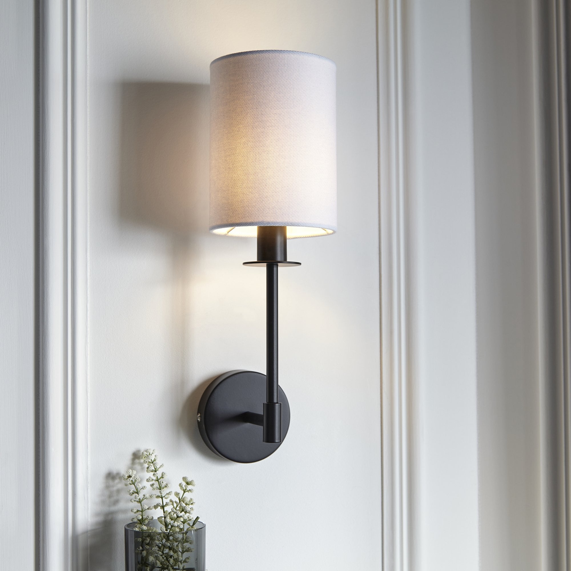 Contemporary Wall Light In Matt Black Finish With Vintage White Shade