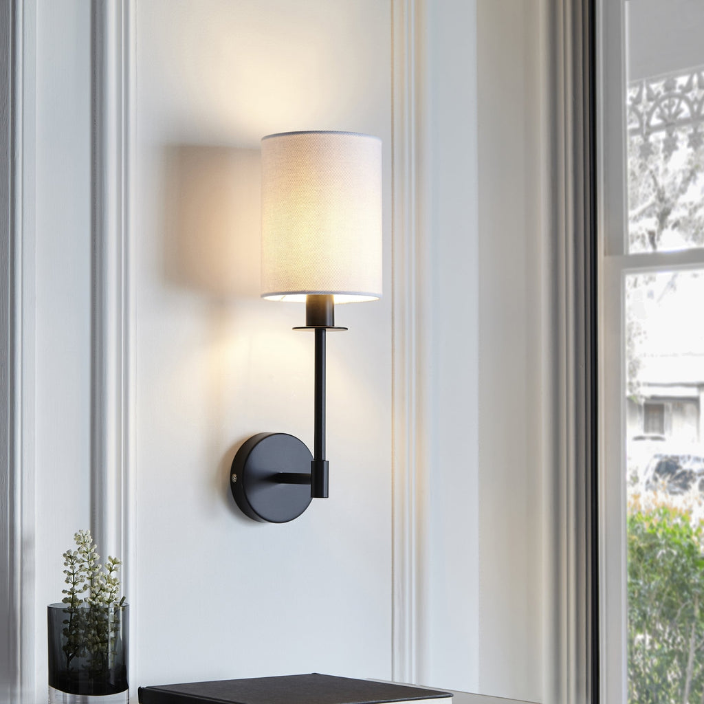 Contemporary Wall Light In Matt Black Finish With Vintage White Shade