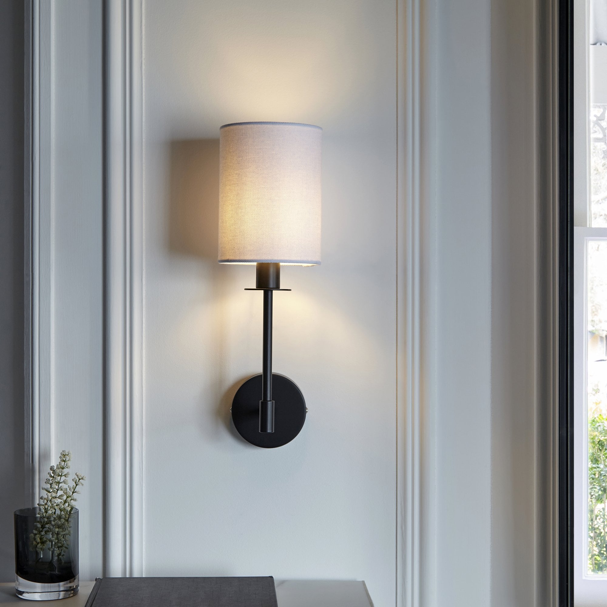 Contemporary Wall Light In Matt Black Finish With Vintage White Shade