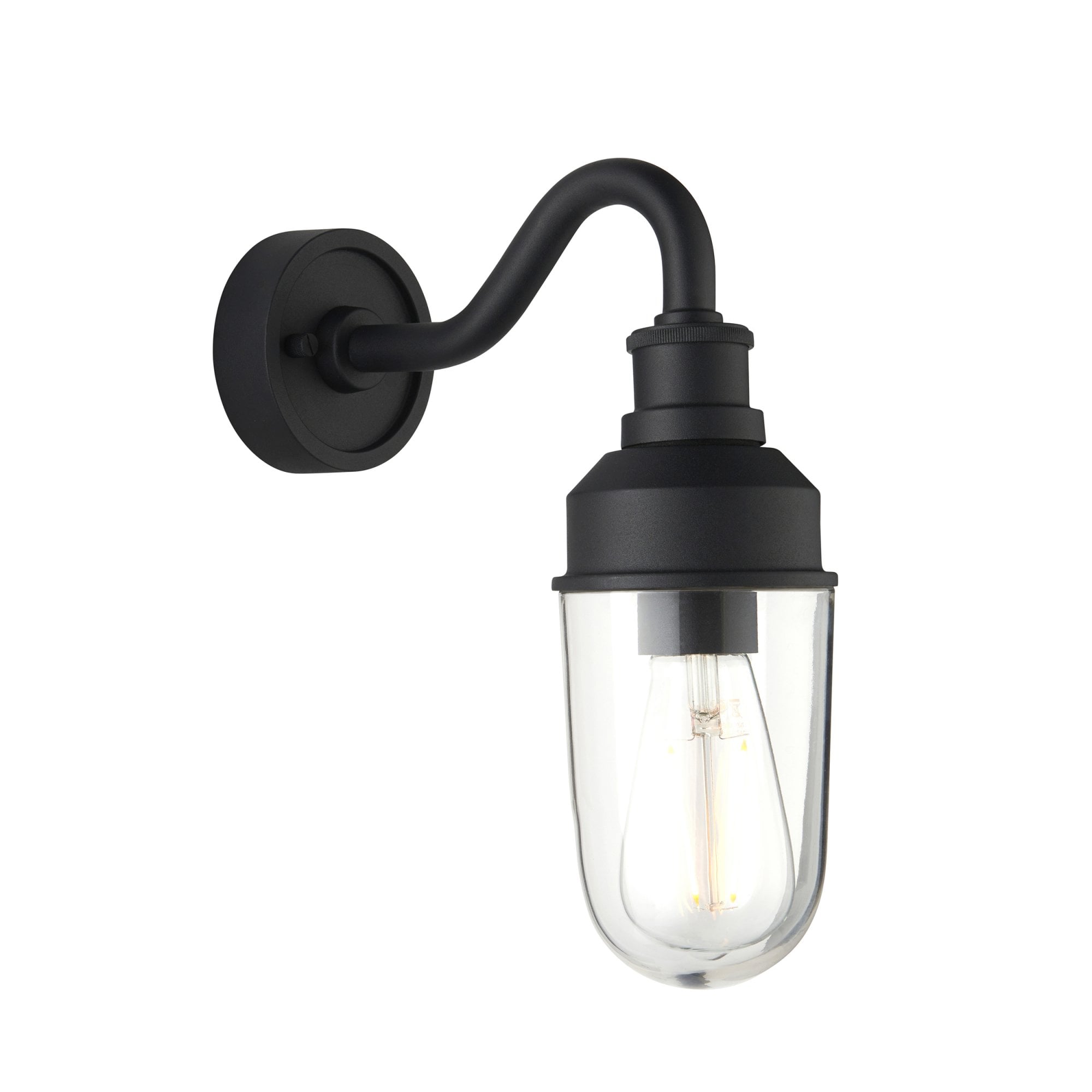 Classic Curved Arm Exterior Wall Light In Matt Black Finish With Clear Glass Shade IP44