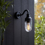 Classic Curved Arm Exterior Wall Light In Matt Black Finish With Clear Glass Shade IP44