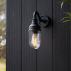Classic Curved Arm Exterior Wall Light In Matt Black Finish With Clear Glass Shade IP44
