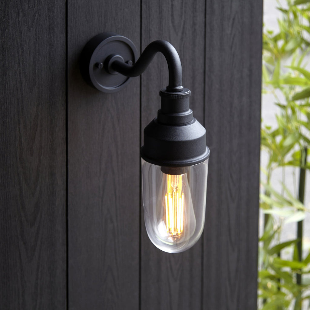 Classic Curved Arm Exterior Wall Light In Matt Black Finish With Clear Glass Shade IP44