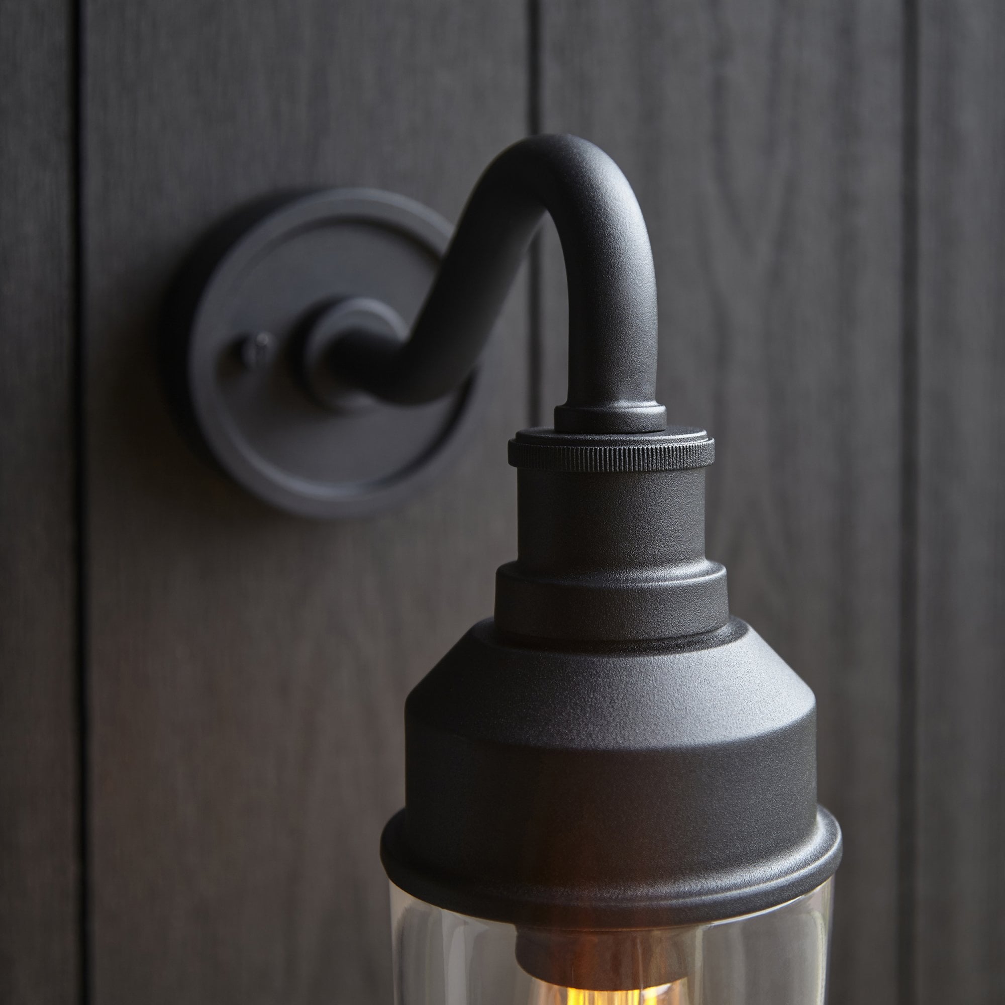 Classic Curved Arm Exterior Wall Light In Matt Black Finish With Clear Glass Shade IP44