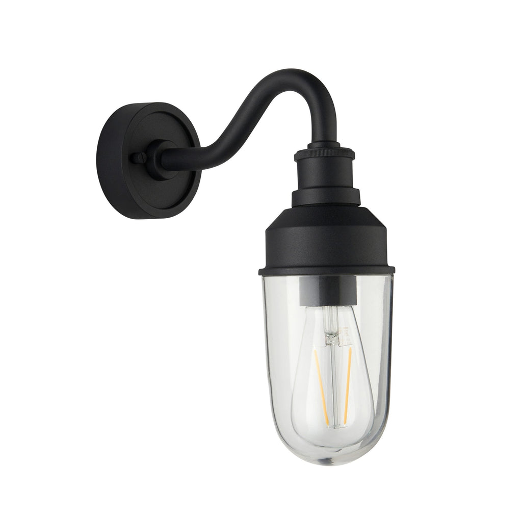 Classic Curved Arm Exterior Wall Light In Matt Black Finish With Clear Glass Shade IP44