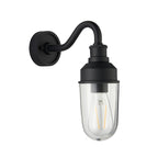 Classic Curved Arm Exterior Wall Light In Matt Black Finish With Clear Glass Shade IP44