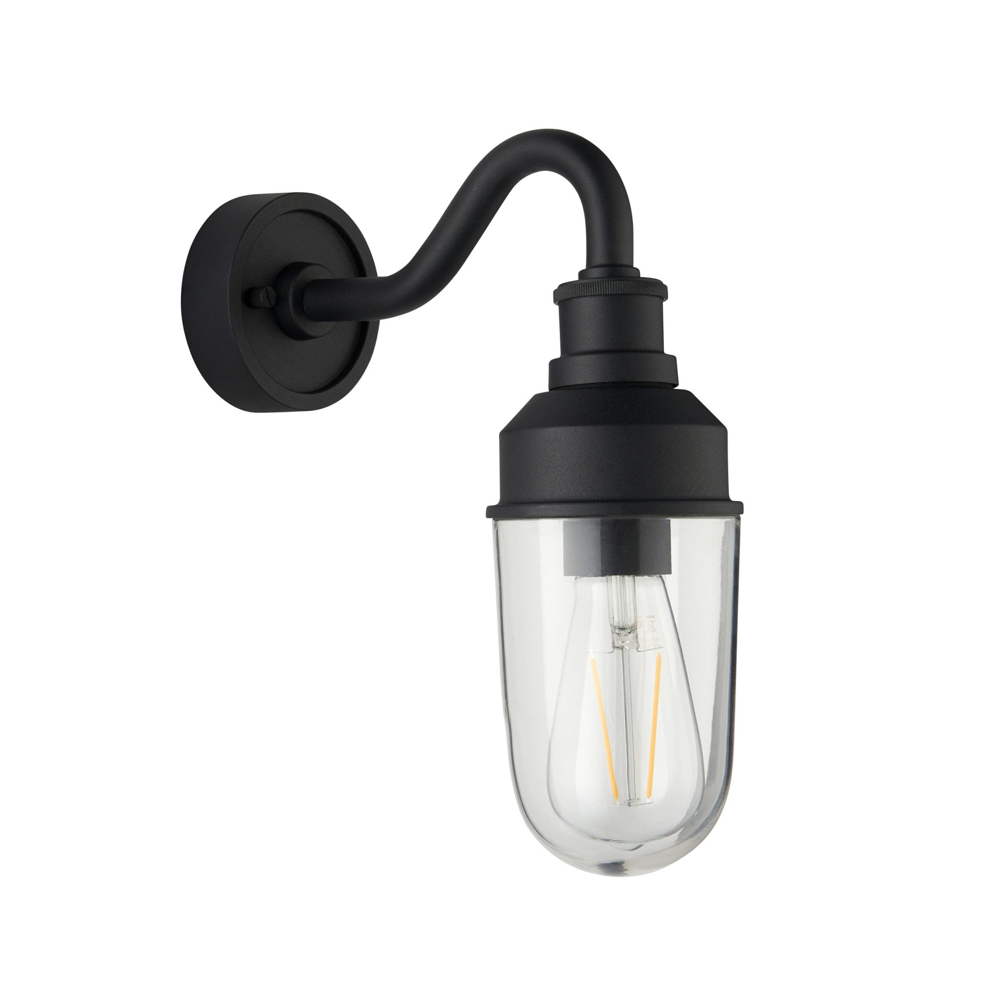 Classic Curved Arm Exterior Wall Light In Matt Black Finish With Clear Glass Shade IP44