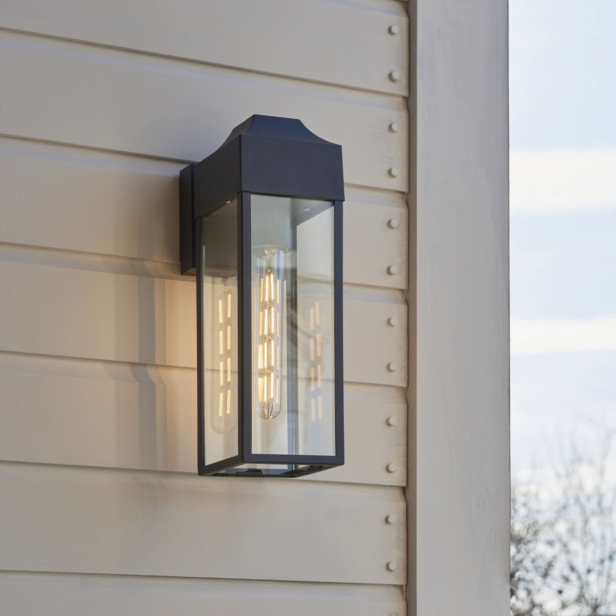 Rectangle Exterior Wall Lantern In Matt Black Finish With Clear Glass Panels IP44