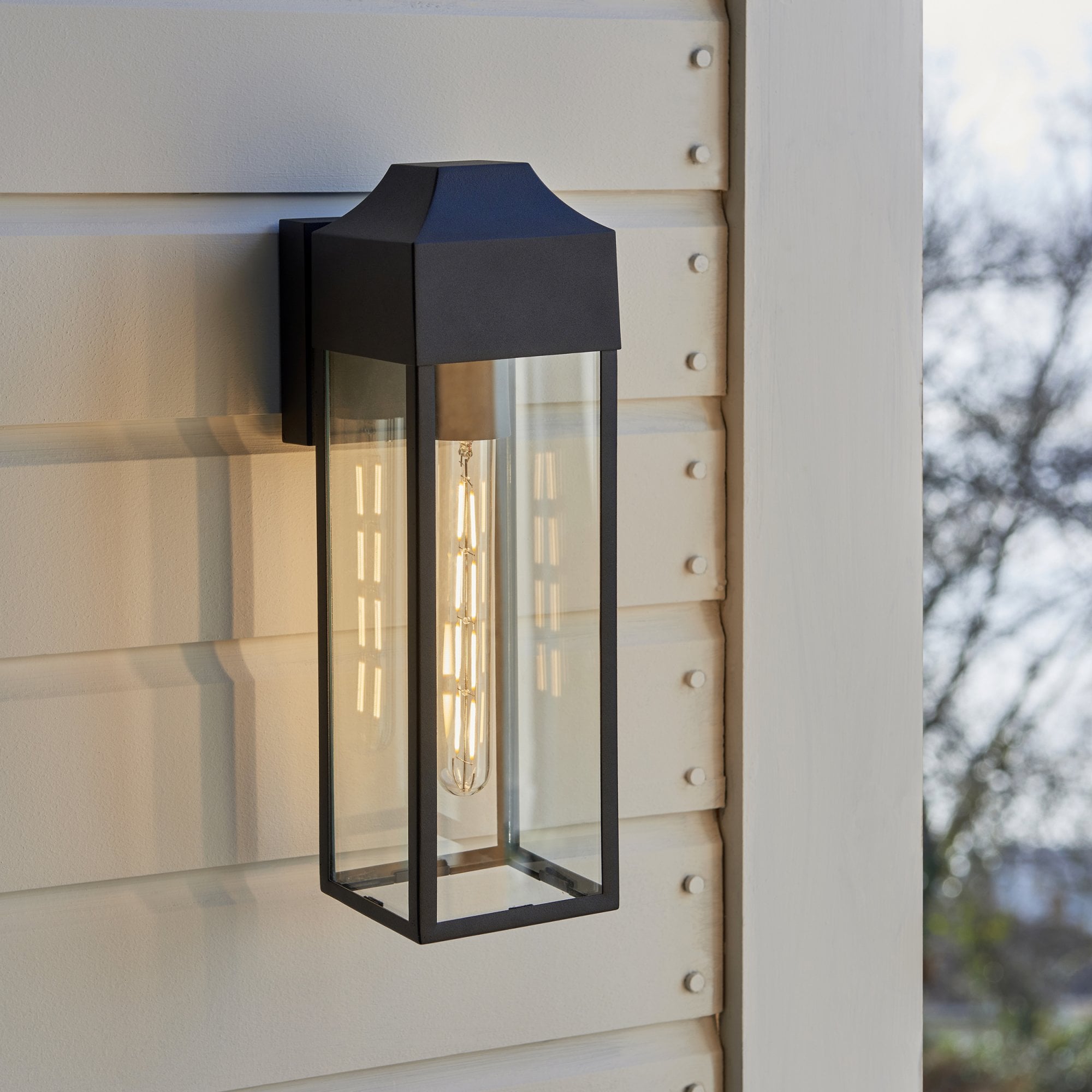 Rectangle Exterior Wall Lantern In Matt Black Finish With Clear Glass Panels IP44