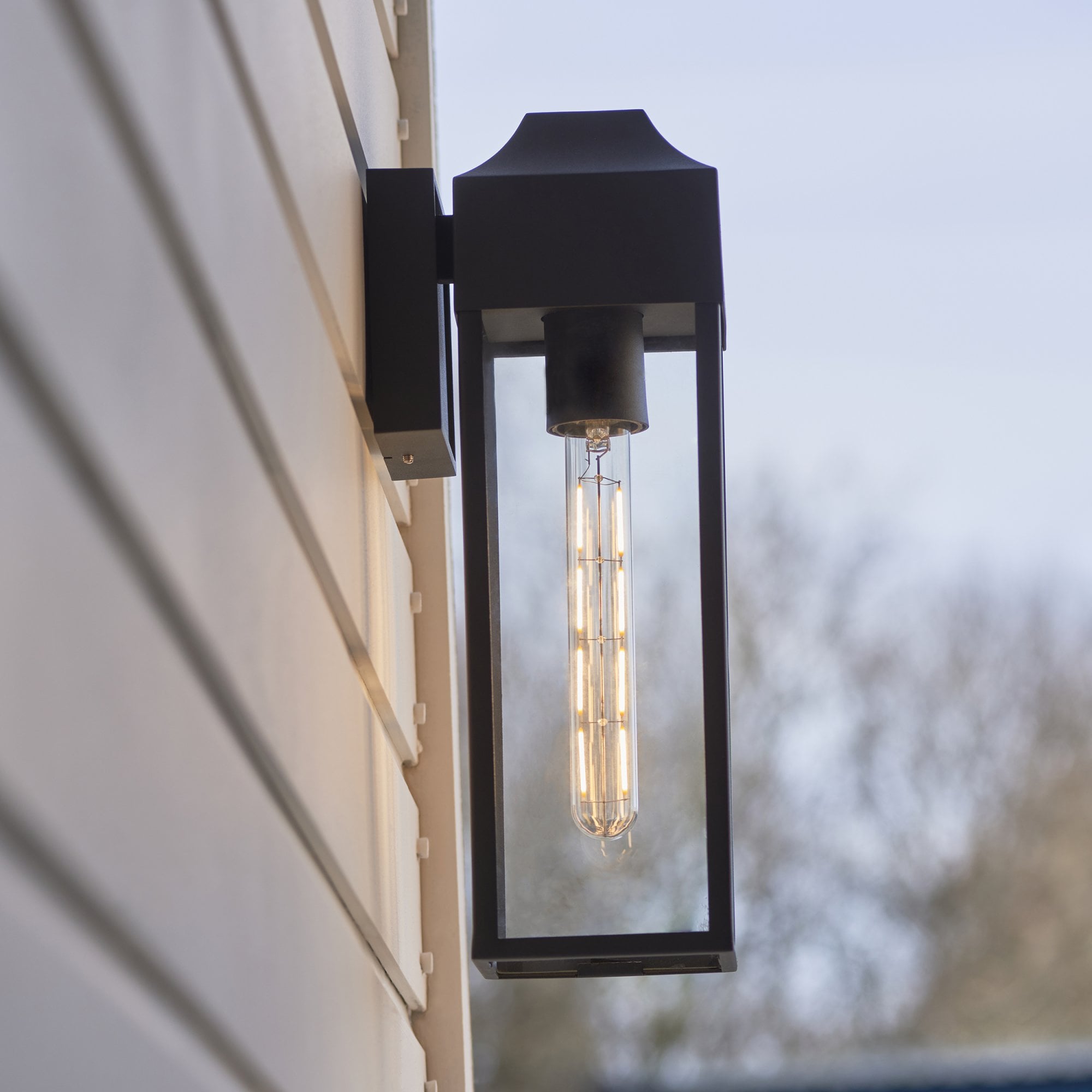 Rectangle Exterior Wall Lantern In Matt Black Finish With Clear Glass Panels IP44