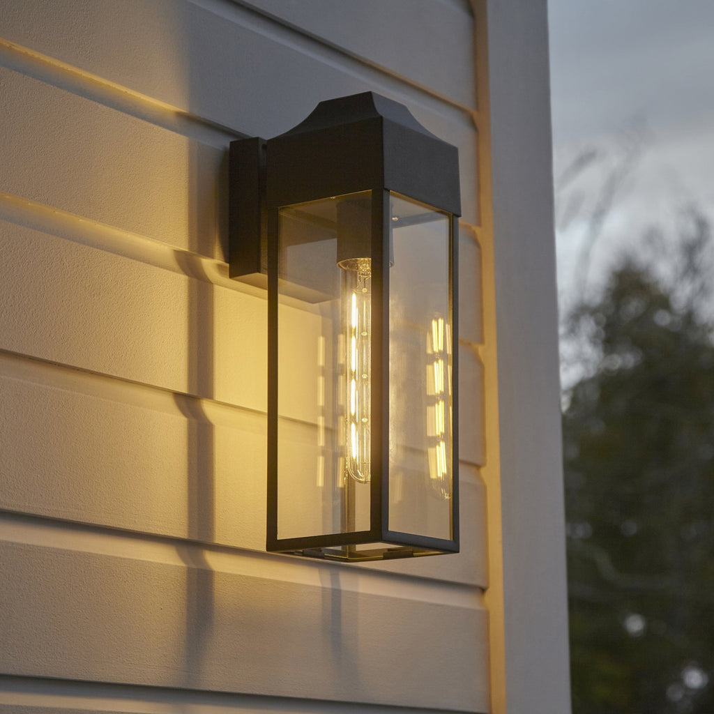 Rectangle Exterior Wall Lantern In Matt Black Finish With Clear Glass Panels IP44