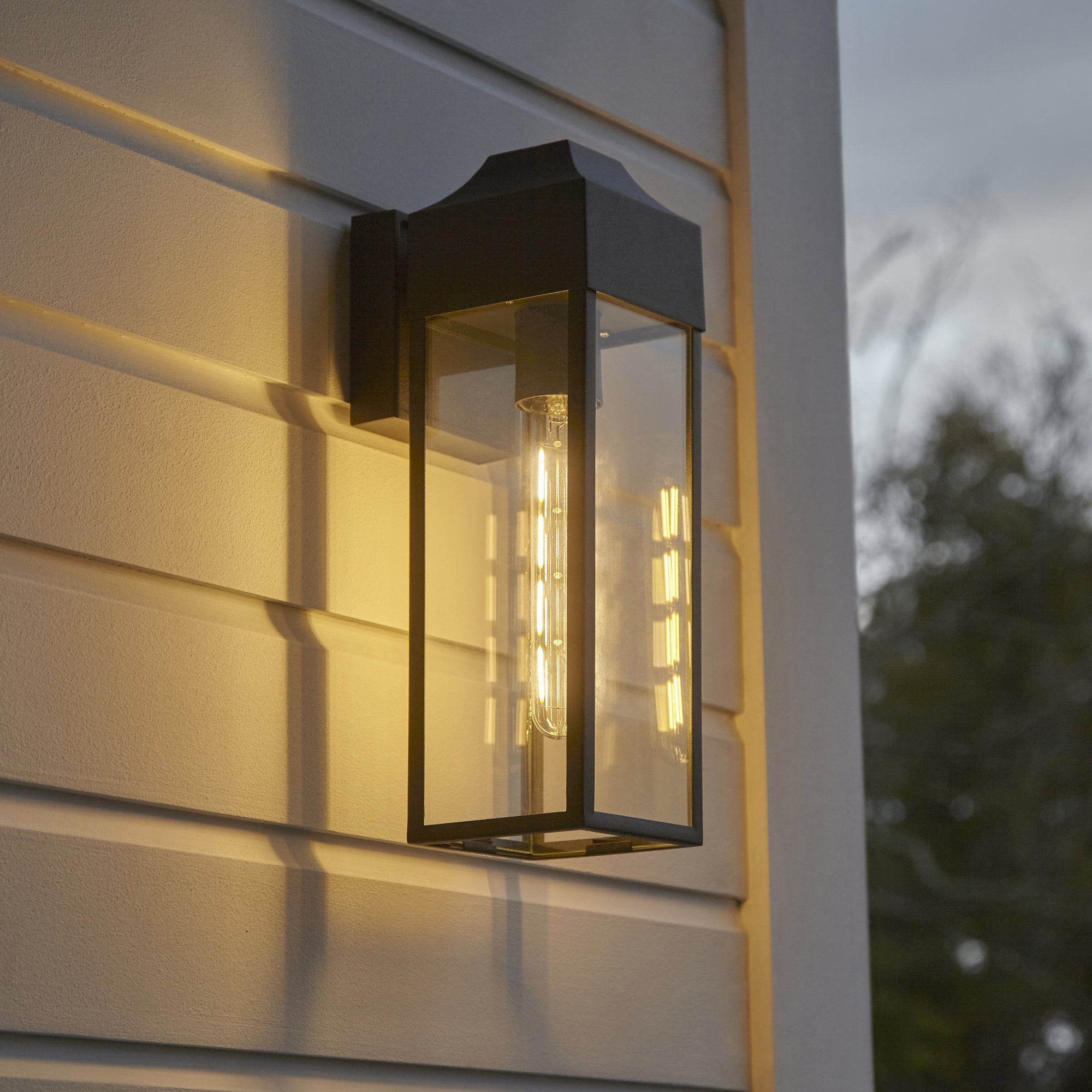 Rectangle Exterior Wall Lantern In Matt Black Finish With Clear Glass Panels IP44