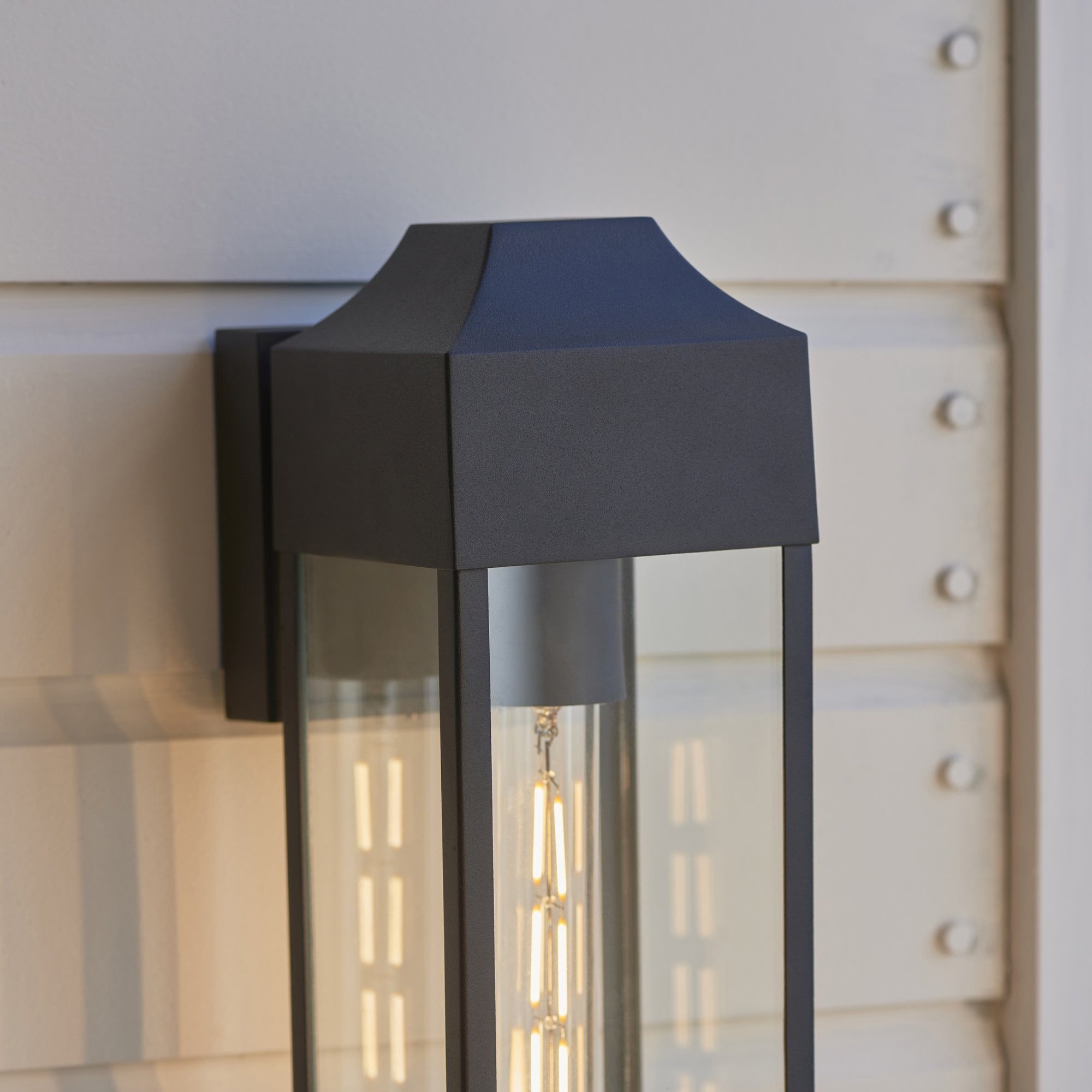 Rectangle Exterior Wall Lantern In Matt Black Finish With Clear Glass Panels IP44
