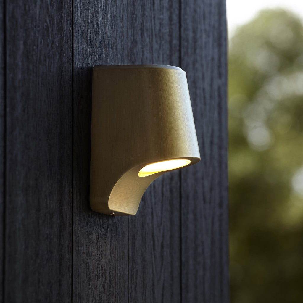 Unique Outdoor LED Wall Light In Brushed Gold Finish With Frosted Glass IP44