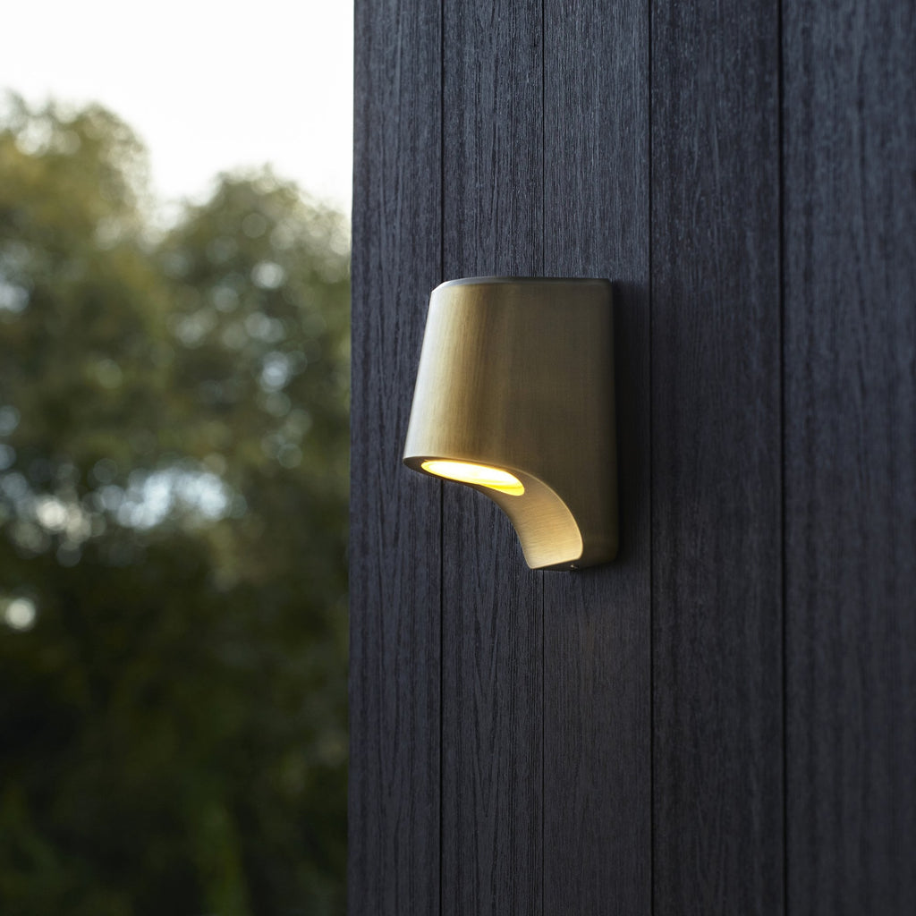 Unique Outdoor LED Wall Light In Brushed Gold Finish With Frosted Glass IP44
