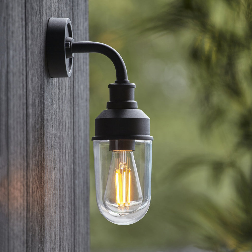 Industrial Outdoor Wall Light In Matt Black Finish With Clear Glass Shade IP44