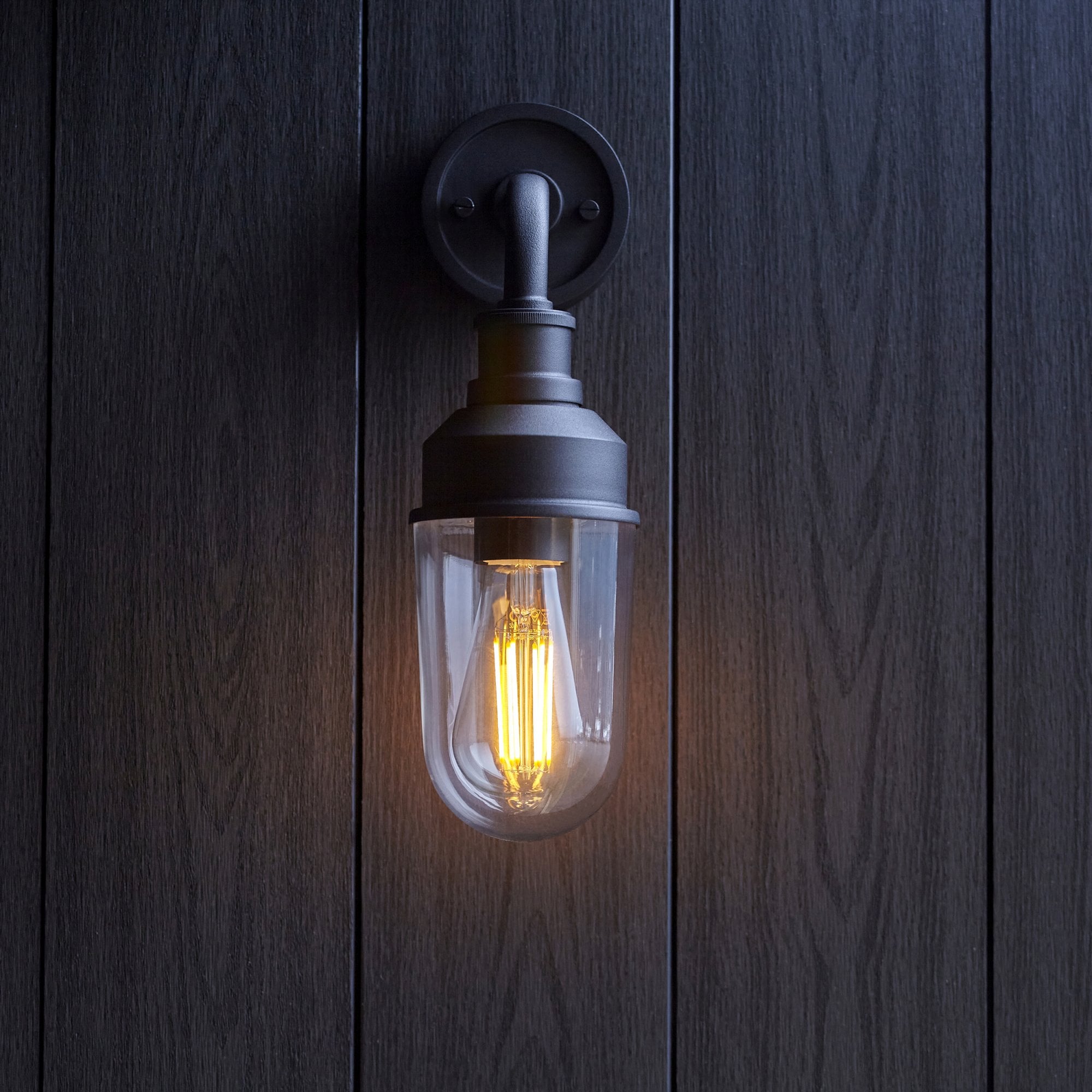 Industrial Outdoor Wall Light In Matt Black Finish With Clear Glass Shade IP44