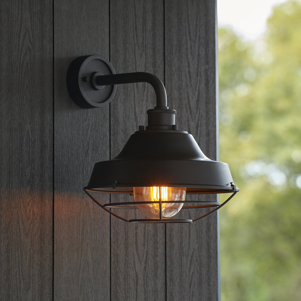 Knurled Exterior Wall Light With Cage In Textured And Matt Black Finish IP44