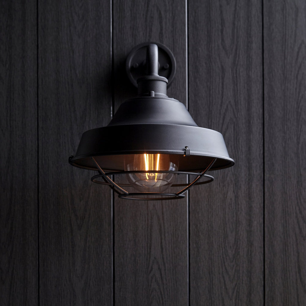 Knurled Exterior Wall Light With Cage In Textured And Matt Black Finish IP44