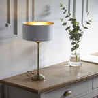 Highclere Single Table Lamp In Antique Brass With Vintage White Fabric Shade 104054