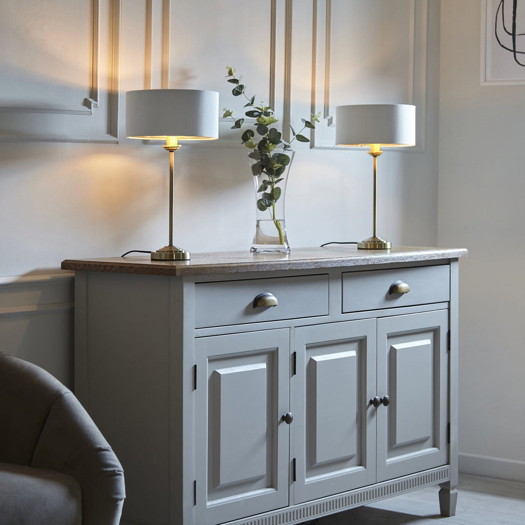 Highclere Single Table Lamp In Antique Brass With Vintage White Fabric Shade 104054