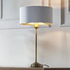 Highclere Single Table Lamp In Antique Brass With Vintage White Fabric Shade 104054