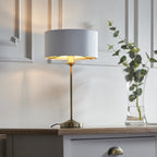 Highclere Single Table Lamp In Antique Brass With Vintage White Fabric Shade 104054