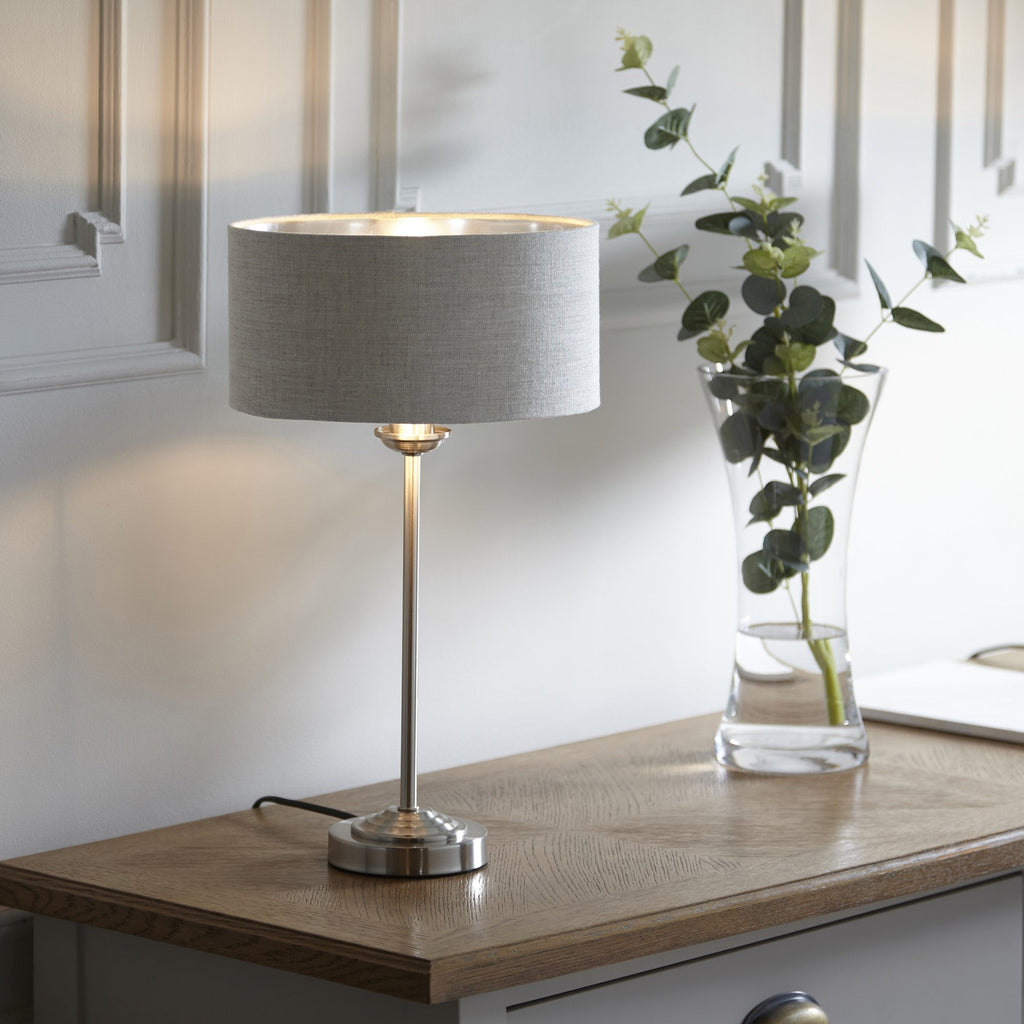 Highclere Single Table Lamp In Brushed Chrome With Natural Linen Shade 100646