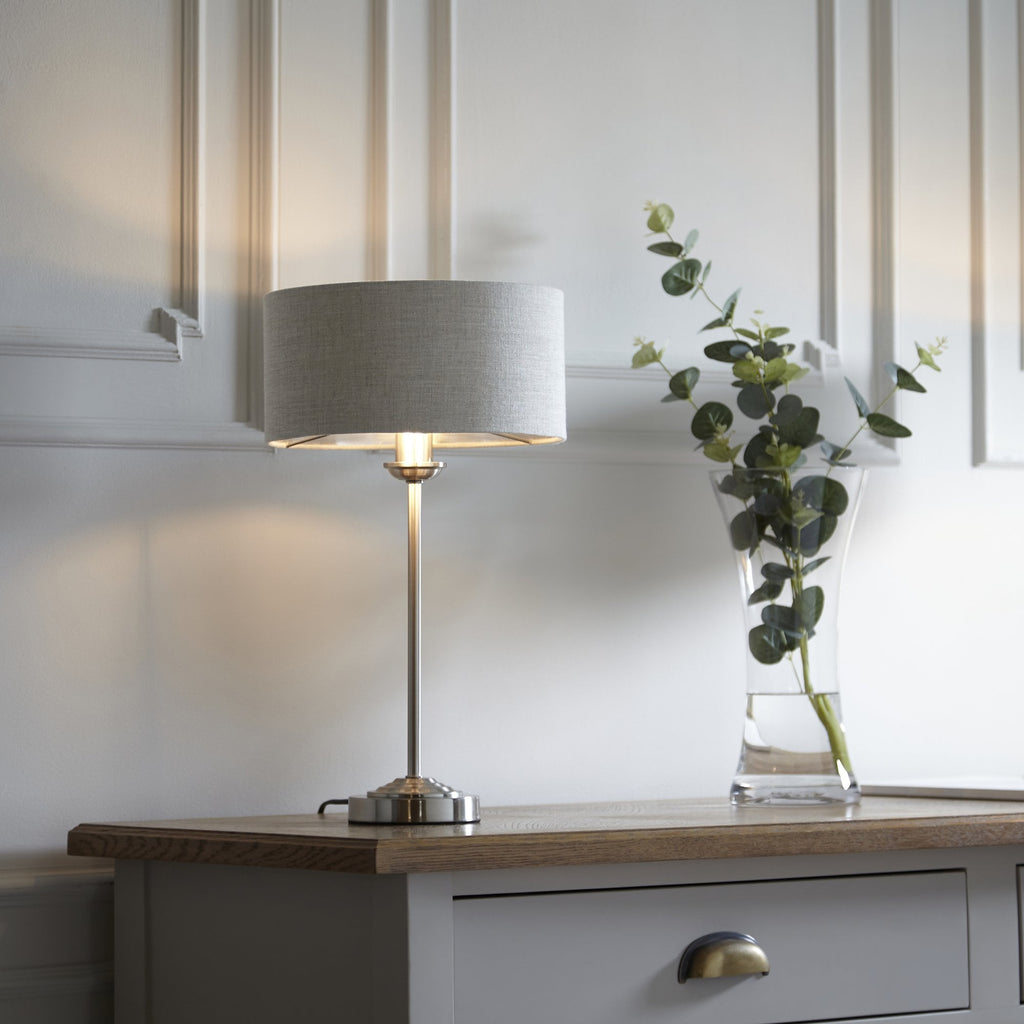 Highclere Single Table Lamp In Brushed Chrome With Natural Linen Shade 100646