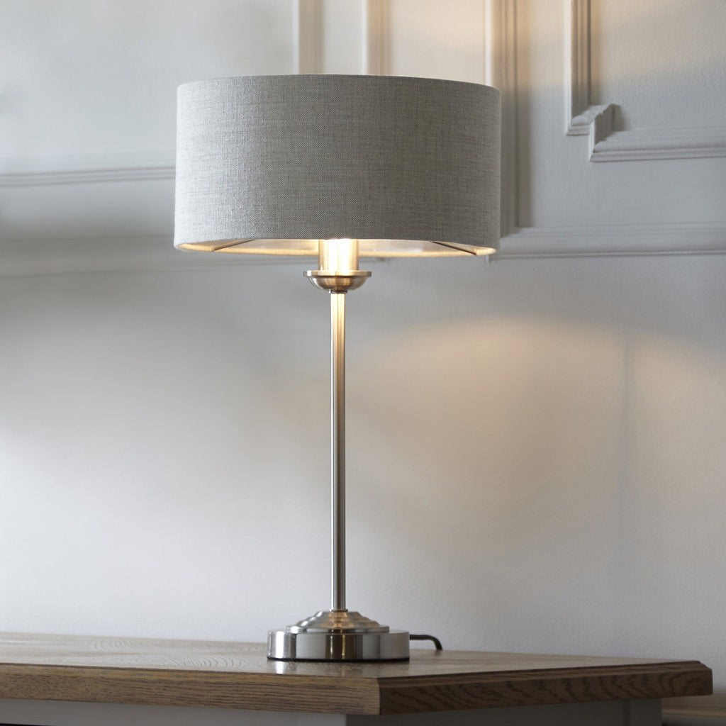 Highclere Single Table Lamp In Brushed Chrome With Natural Linen Shade 100646