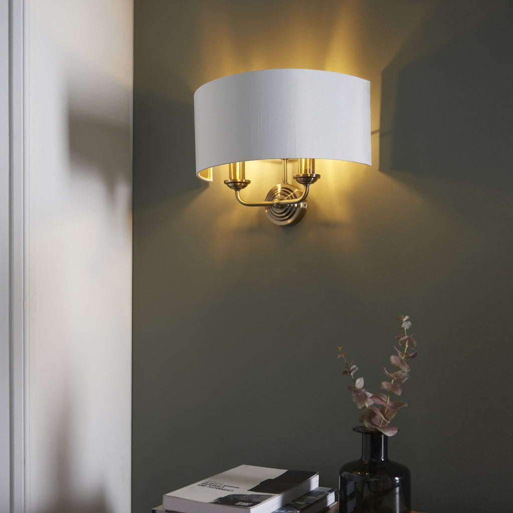 Highclere 2 Light Wall Light In Antique Brass Finish With Vintage White Shade 98937