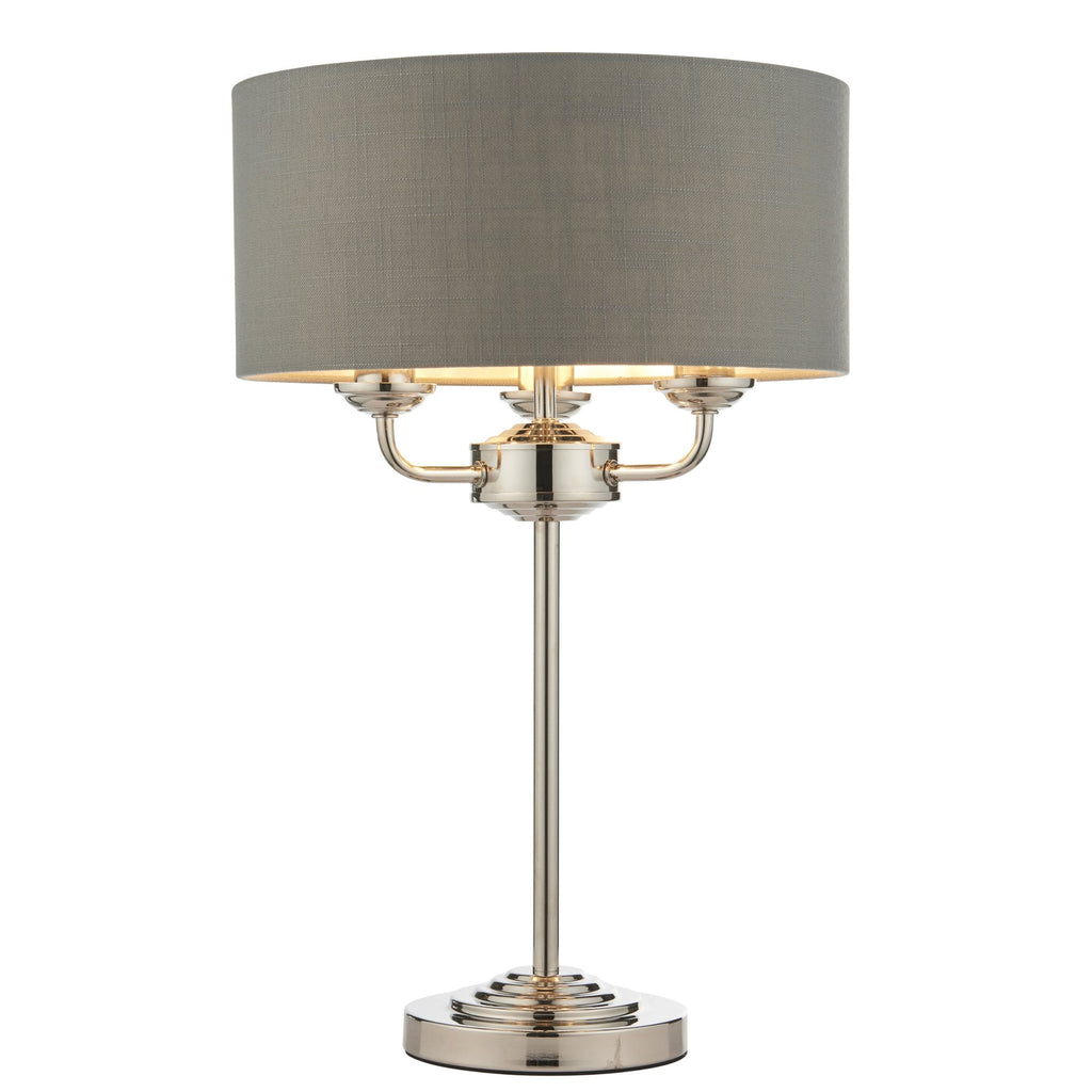Highclere 3 Light Table Lamp In Bright Nickel Finish With Charcoal Shade 99149