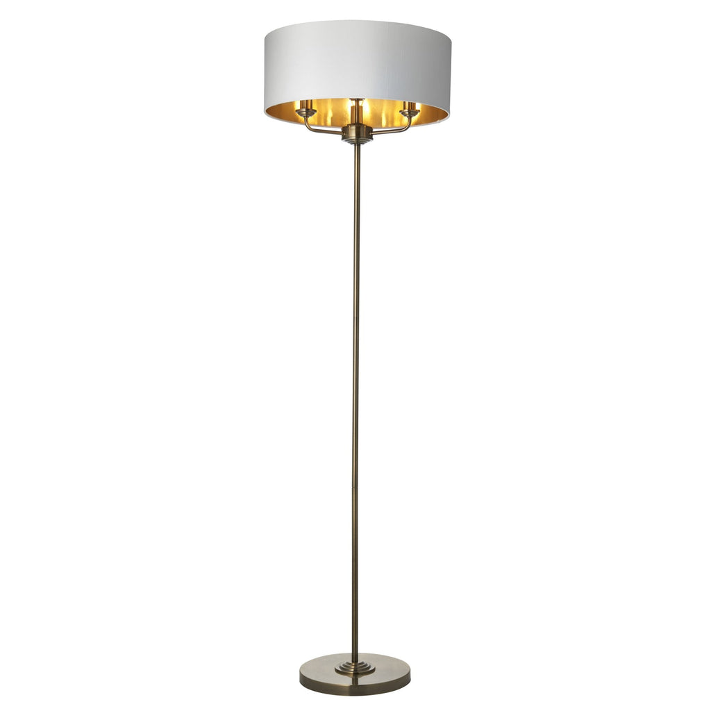 Highclere 3 Light Floor Lamp In Antique Brass Finish With Vintage White Fabric 98935