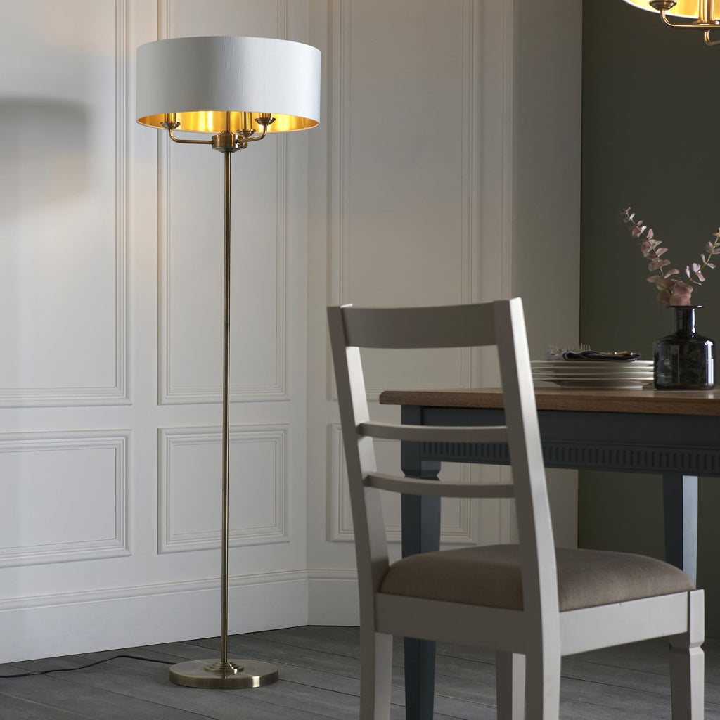 Highclere 3 Light Floor Lamp In Antique Brass Finish With Vintage White Fabric 98935