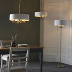 Highclere 3 Light Floor Lamp In Antique Brass Finish With Vintage White Fabric 98935