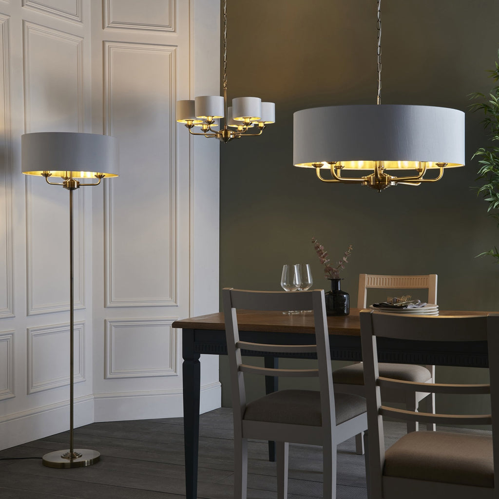 Highclere 3 Light Floor Lamp In Antique Brass Finish With Vintage White Fabric 98935