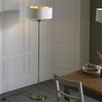 Highclere 3 Light Floor Lamp In Antique Brass Finish With Vintage White Fabric 98935