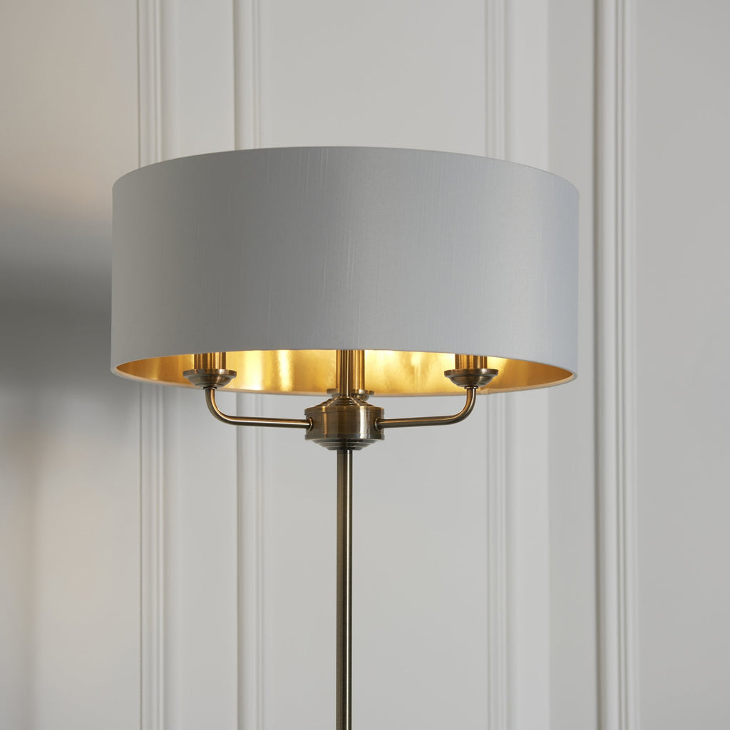Highclere 3 Light Floor Lamp In Antique Brass Finish With Vintage White Fabric 98935