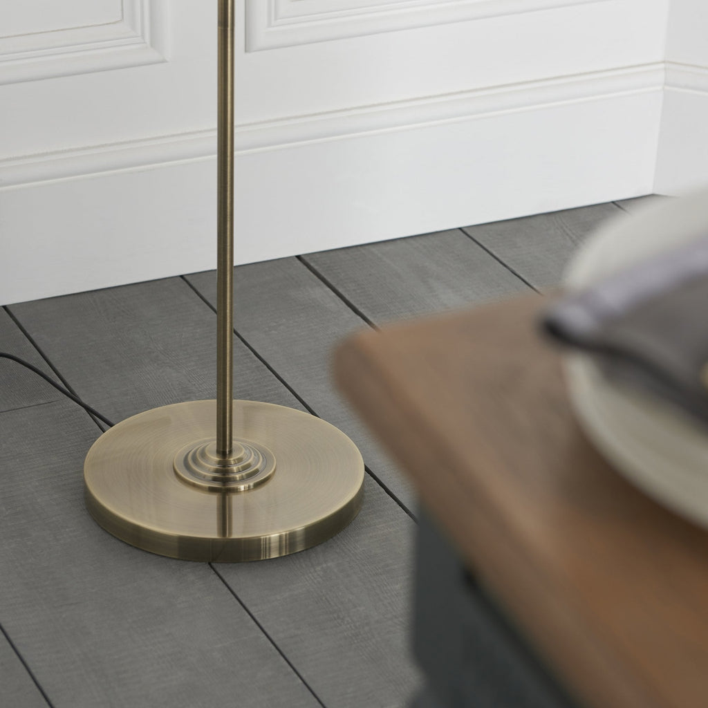 Highclere 3 Light Floor Lamp In Antique Brass Finish With Vintage White Fabric 98935
