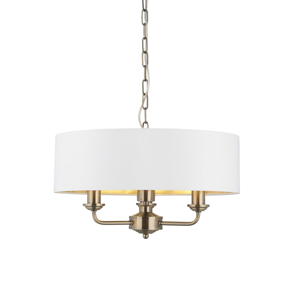 Highclere 3 Light Ceiling Pendant Light In Antique Brass Finish With Vintage White Shade 98934