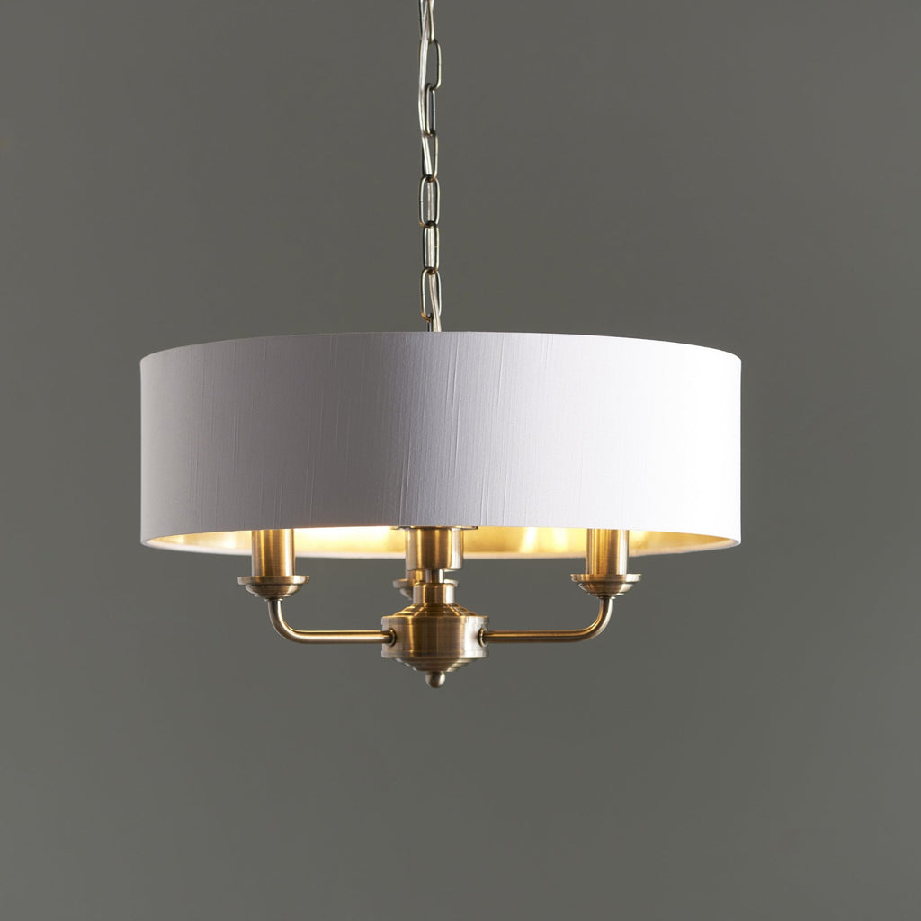 Highclere 3 Light Ceiling Pendant Light In Antique Brass Finish With Vintage White Shade 98934