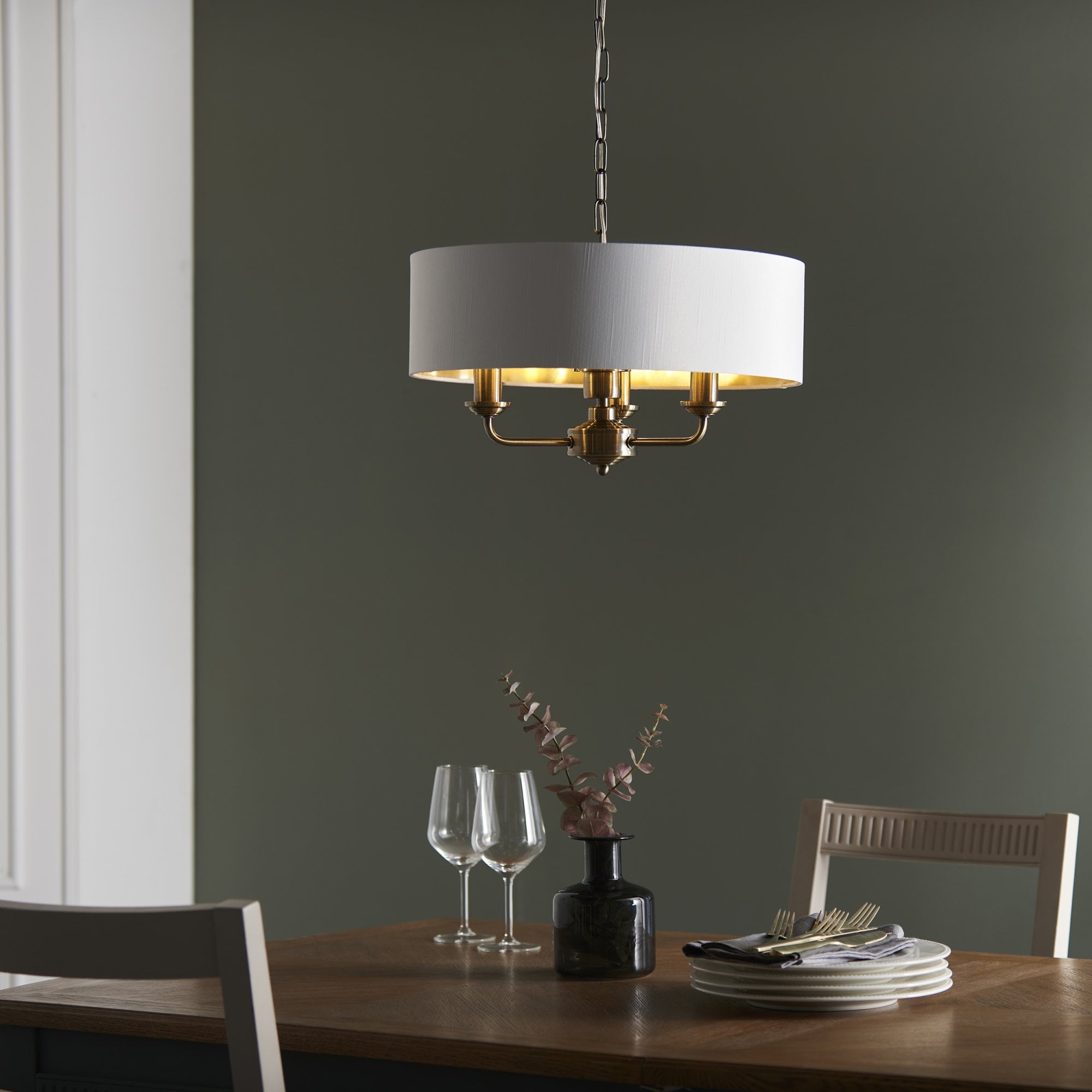 Highclere 3 Light Ceiling Pendant Light In Antique Brass Finish With Vintage White Shade 98934