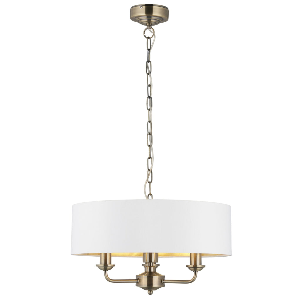 Highclere 3 Light Ceiling Pendant Light In Antique Brass Finish With Vintage White Shade 98934